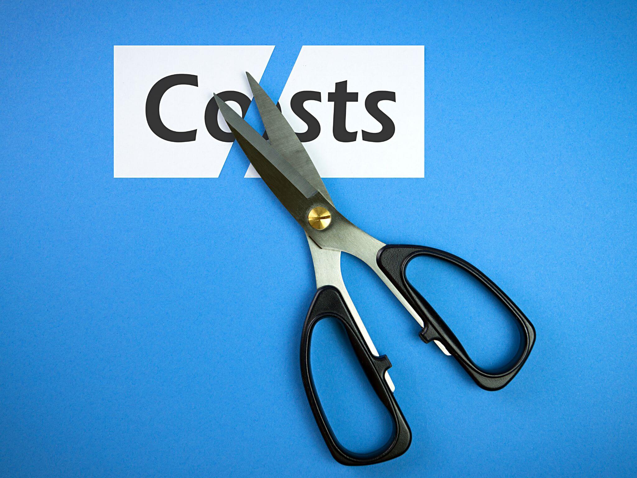 A pair of scissors with a piece of paper cut up with the word 'costs' on it.